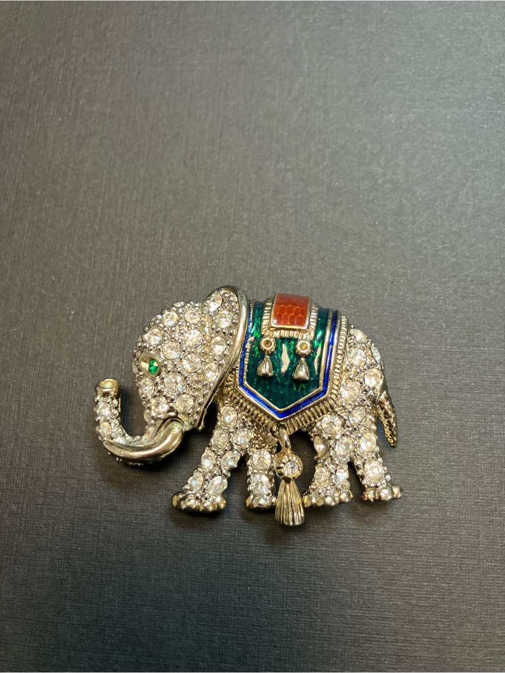 Crystal Elephant Brooch with Green and Blue Enamel Saddle